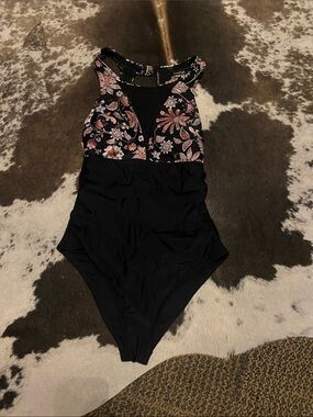 Black One-Piece Swimsuit with Pink Floral Bodice